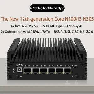 Thiết bị tường lửa 6 LAN, Router 2.5G, Mini PC không quạt Intel i3-N305/N100 thế hệ 12, DDR5, 2 NVMe, 2 SATA3.0, Máy chủ ESXi Proxmox 1